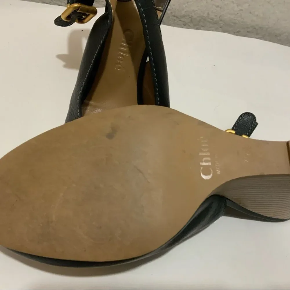 Chloé Leather Slingback Leather Wedge Ankle Pumps In Black 39.5 Italy